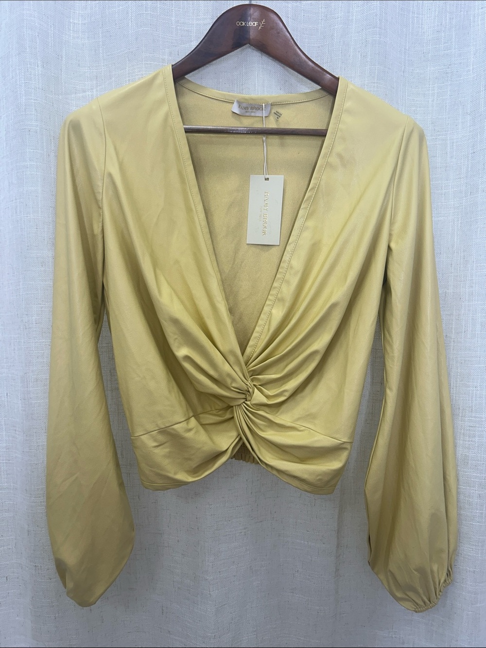 Ramy Brook Faux Leather Twist Front Daffodil Yellow Long Sleeve Blouse NWT